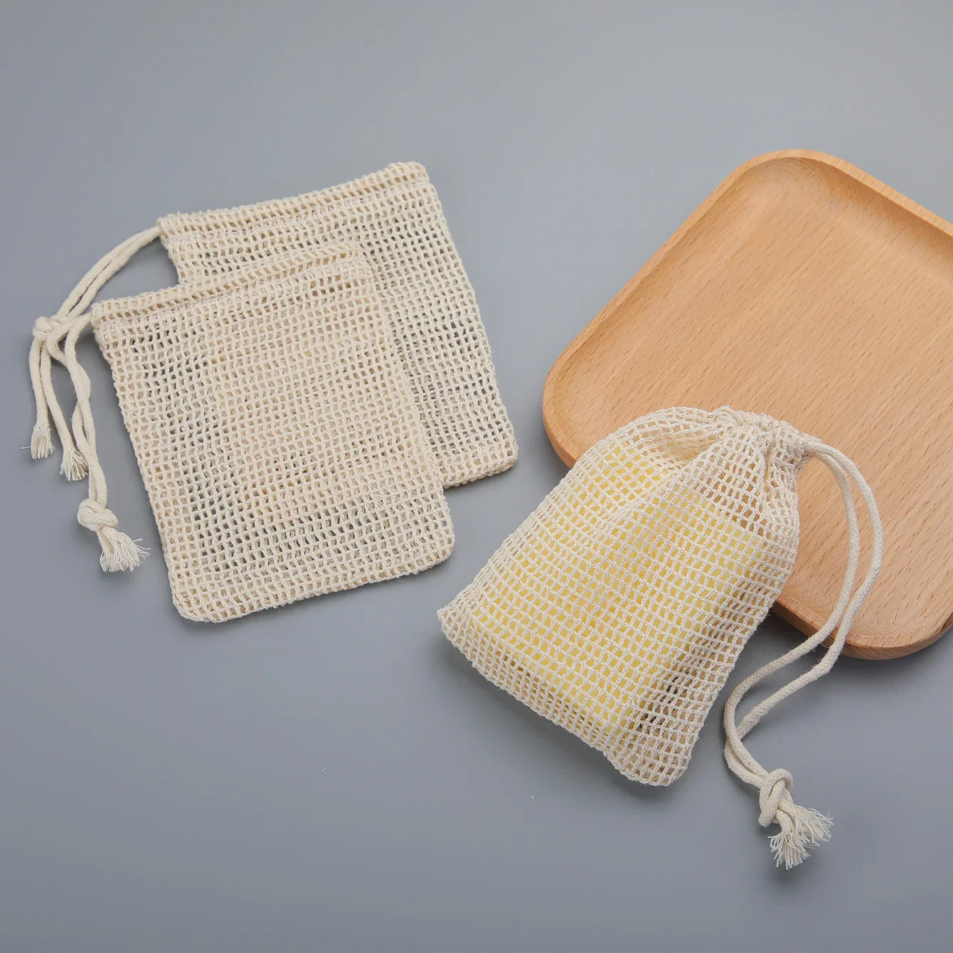 Saco de algodão natural para economizar sabonete, 3 peças, ecológico, feito à mão, bolsa de malha de algodão para limpeza corporal e cuidados com a pele