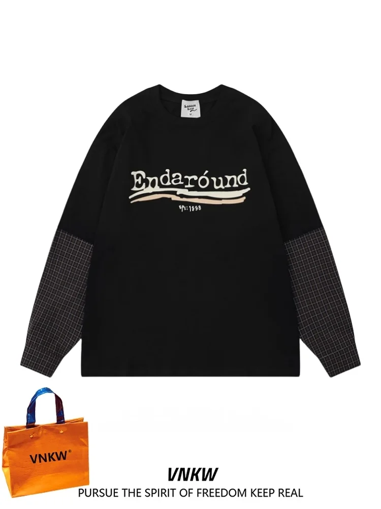 

Retro Plaid Long Sve T-irt ex Loose Casual Spring Summer Versatile Couple Tops Trendy Brand Cotton round Ne Print