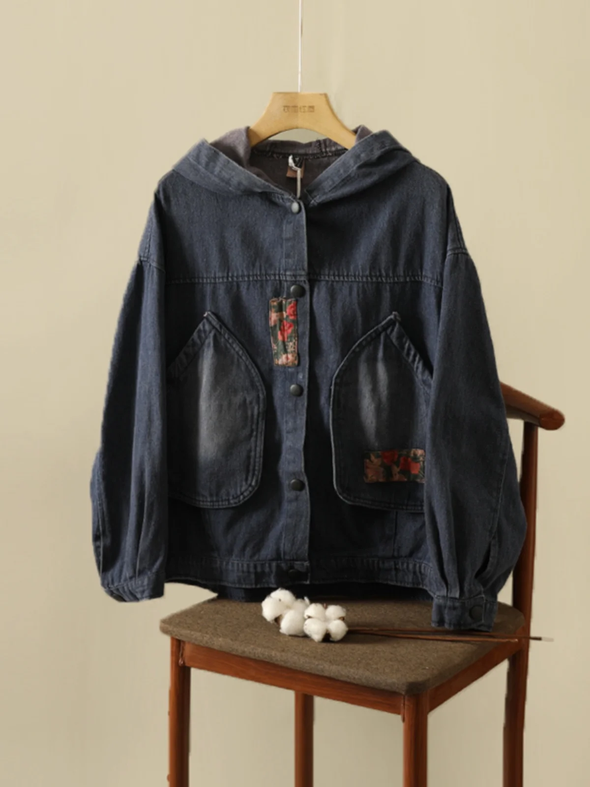 

Retro Patchwork Waed Denim ort Jaet Large Size Women's Faionable Hooded Coat Autumn Top Plant Floral Commute Sle