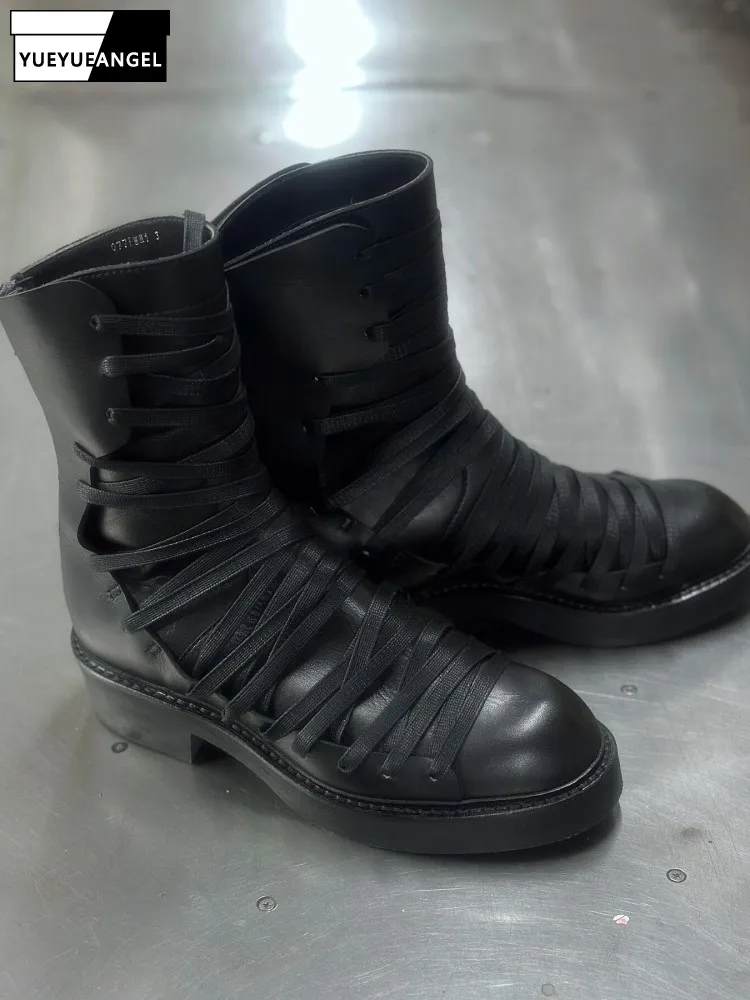 Men Gothic Genuine Leather Boots Personality Designer Street Hip Hop High Top Shoes Round Toe Zip Vintage Black Platform Boots