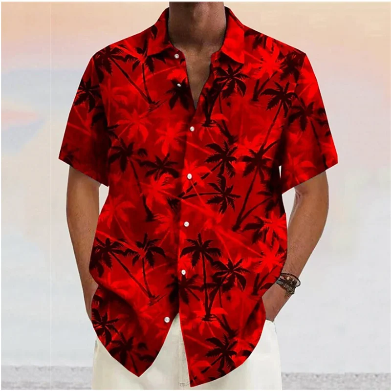 Camisa de manga corta con estampado Floral de árbol de Coco para hombre, camisa informal de verano con solapa para playa, ropa con botones a la moda, talla grande