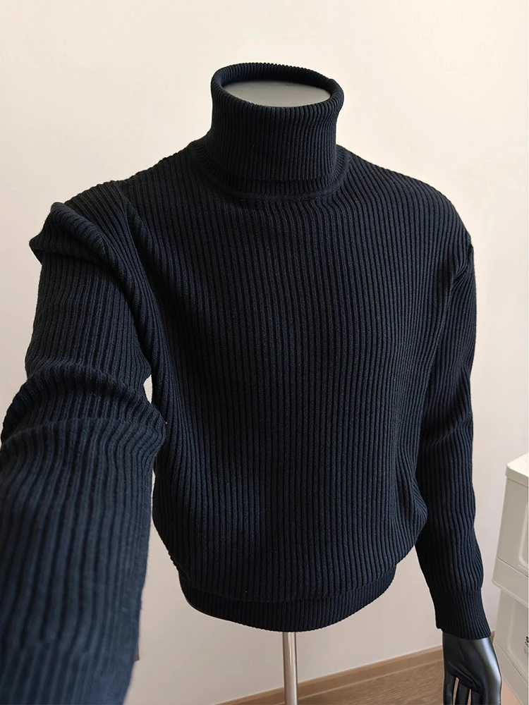 

Черный вязаный свитер с высоким воротником, мужской осенне-зимний винтажный эластичный полосатый базовый слой, однотонный свитер для внутренней одежды