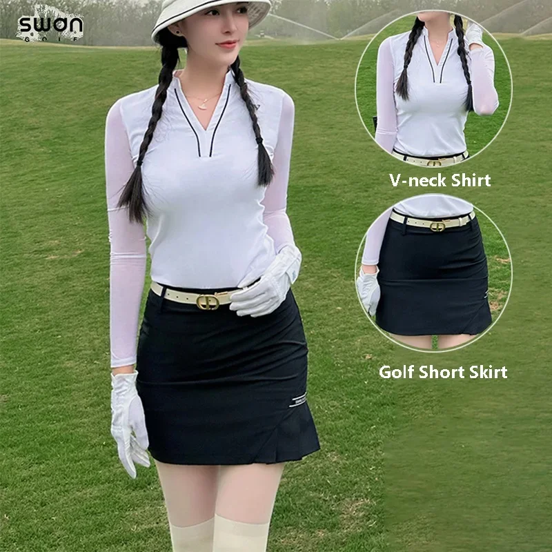 SG Women V-neck Long Sleeve Golf Shirt Ice Silk Quick Dry Tops Ladies Slim Pencil Golf Skirt High Waist Elastic Culottes Suits