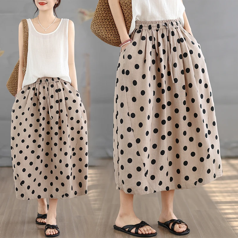 Casual Cotton Linen Polka Dot Half-length Skirt Versatile Summer Bloom Slimming Skirt Loose Elastic Waist Ladies Skirt
