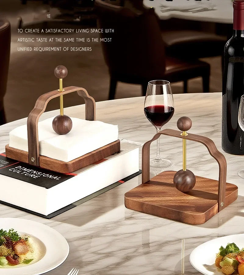HeMu Walnut Wood Napkin Holder with Brass Press Ball, Square Table Tissue Dispenser for Restaurant Cafe Home Dining Table Decor