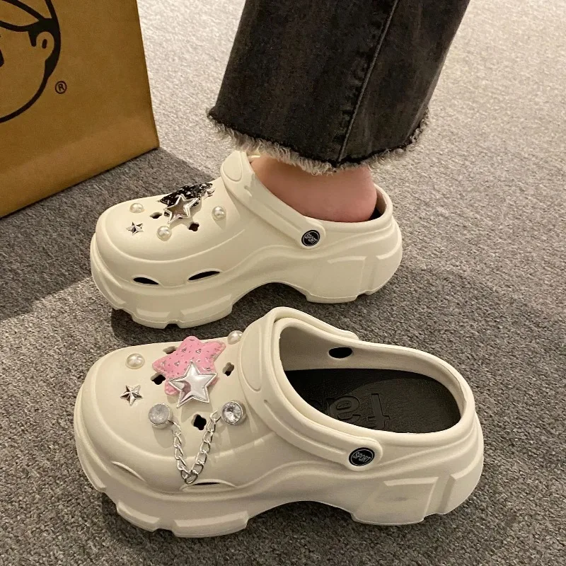 

Fashion Lightweight Beach Sandals EVA Anti-slip Hole Breathable Cave Shoes for Womens Thick Soled Comfortable Rhinestone Sandals