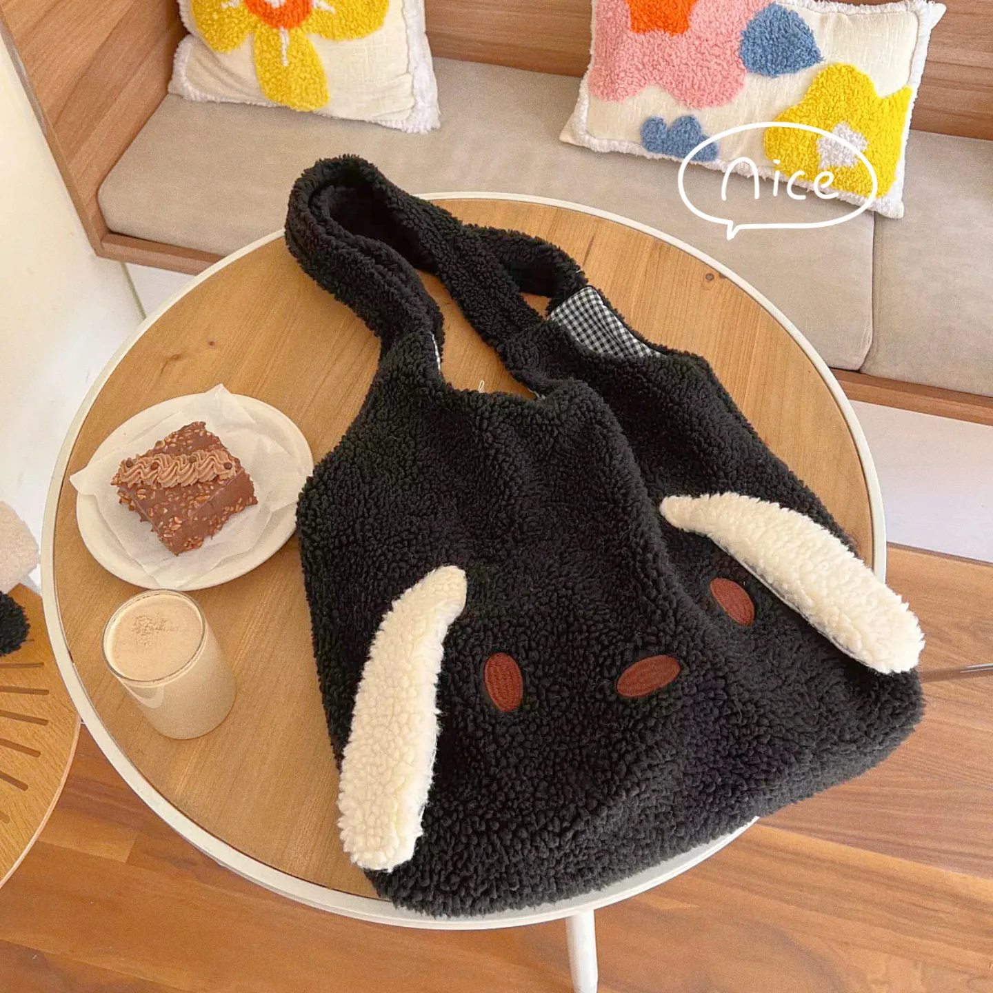 Big Ears Imitation Lamb Hair Shoulder Bag For Women New Soft Warm Plush Tote Bag Large-capacity Shopper Bag Kawaii Handbags Sac