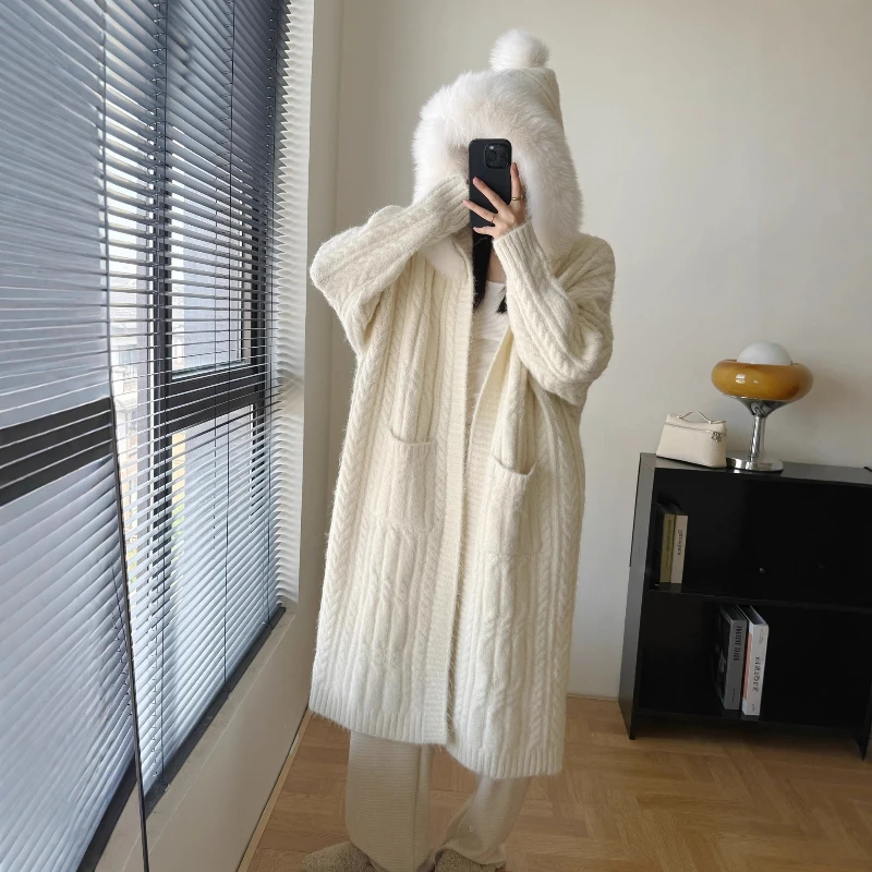 

2025 Spring Autumn Women's Special Sweater Real Fox Fur Knitted Coat Fox Fur Collar Cardigan Femeale Luxury Coat Long Sleeves
