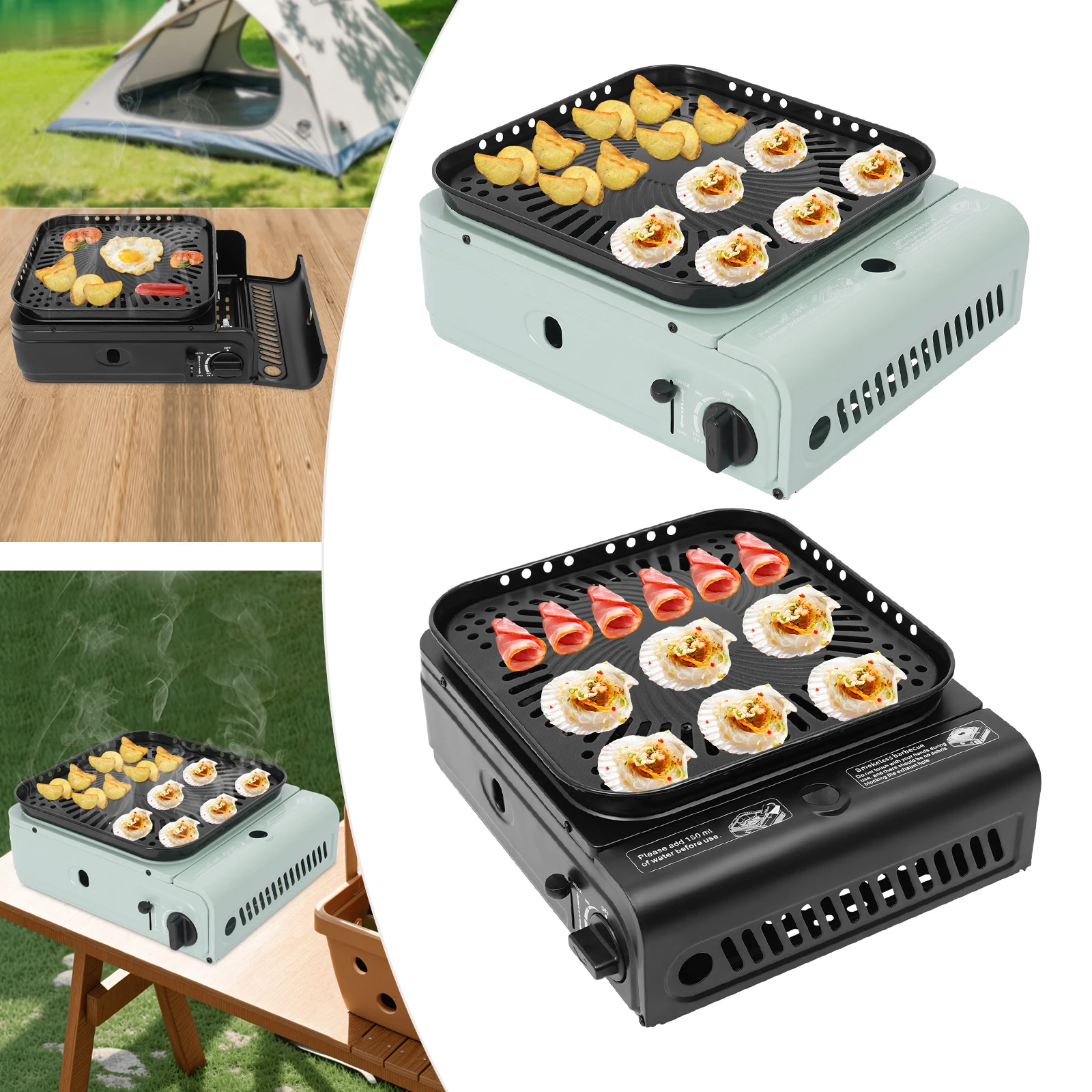 

Портативная походная плита 2,3 кВт, уличный газовый гриль, сковорода с антипригарным покрытием, электронное зажигание, походная гриль-печь, черный/зеленый