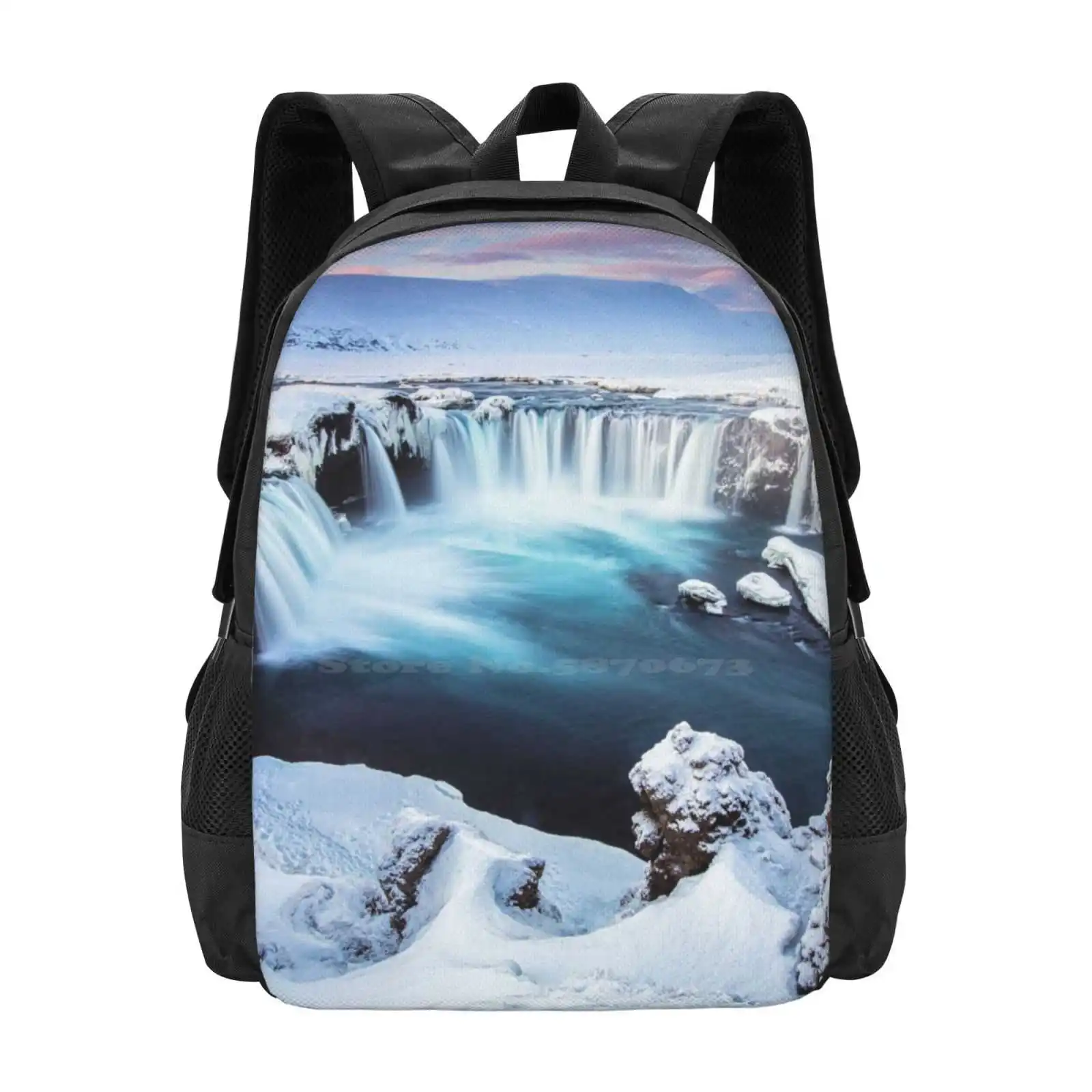 Godafoss-The Waterfall Of The Gods Pattern Design Bag zaino per studenti Godafoss Waterfall North islanda Winter Long Expousre