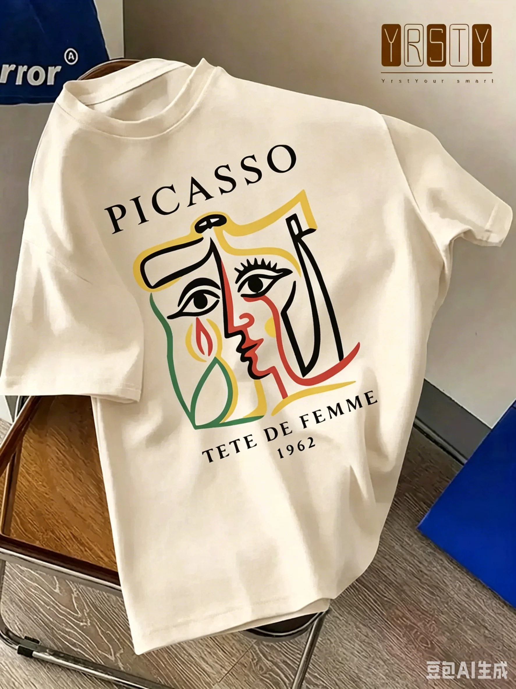 Men Art Street Style Summer T-shirt with Picasso Pattern Print 100% Cotton Loose-Fitting Breathable Short-Sleeved Casual T-Shirt