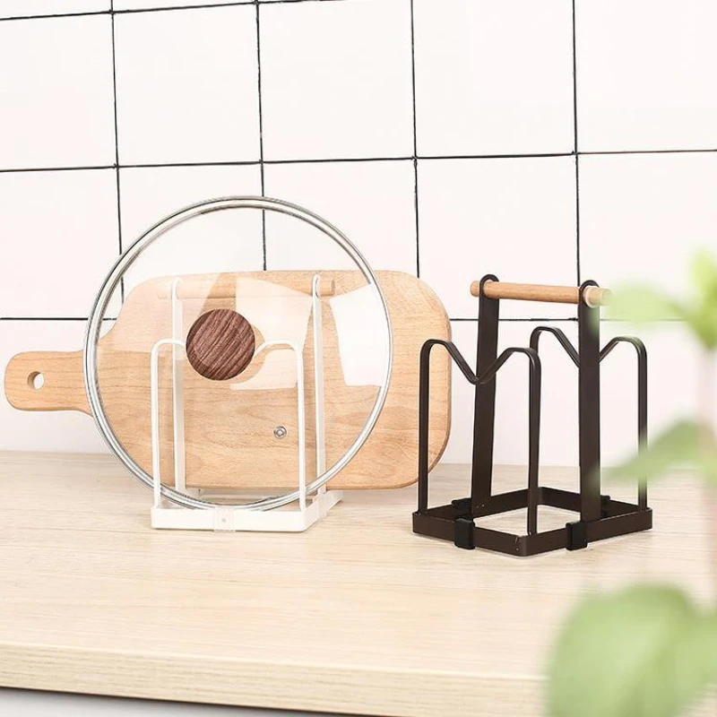 Kitchen Pot Cover Frame Non Punching Multifunctional Iron Cutting Board Frame Household Simple Wooden Handle Tableware Storage