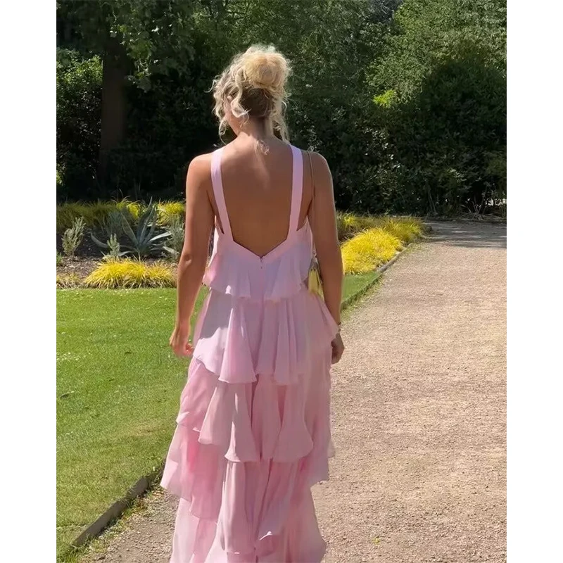 YENKYE Sexy Backless Layered Ruffles Pink Long Dress For Women Sleeveless 3D Flower Summer Elegant Party Maxi Dresses Holiday