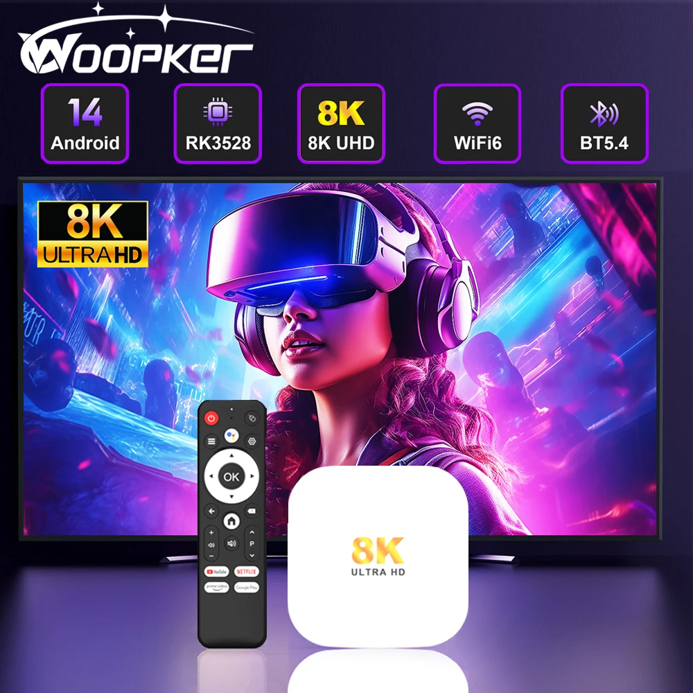 

Woopker TV Box H96 Max M2 PLUS 8K Android 14.0 Rockchip RK3528 Wifi6 BT5.4 Smart Set Top Box Voice Remote Media Player 2025 New