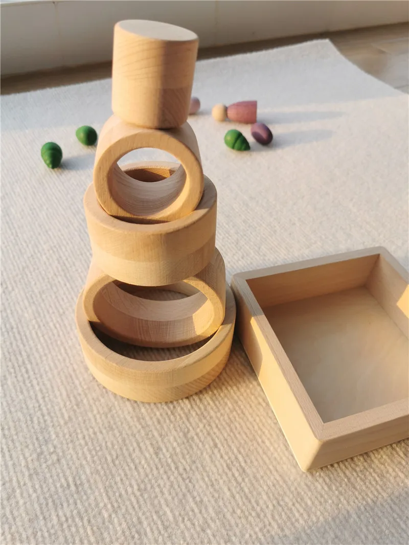 Kids Rainbow Wooden Nest Rings Unpaint Beech Stacking Blocks Creative Loose Parts Montessori Toys