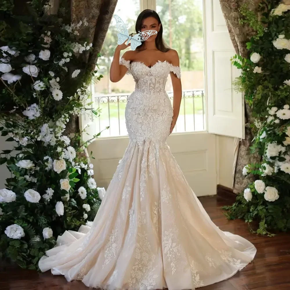 

Mermaid Vintage Wedding Dress 2025 Off Shoulder Lace Appliques Wedding Bridal Gown Robe Customized