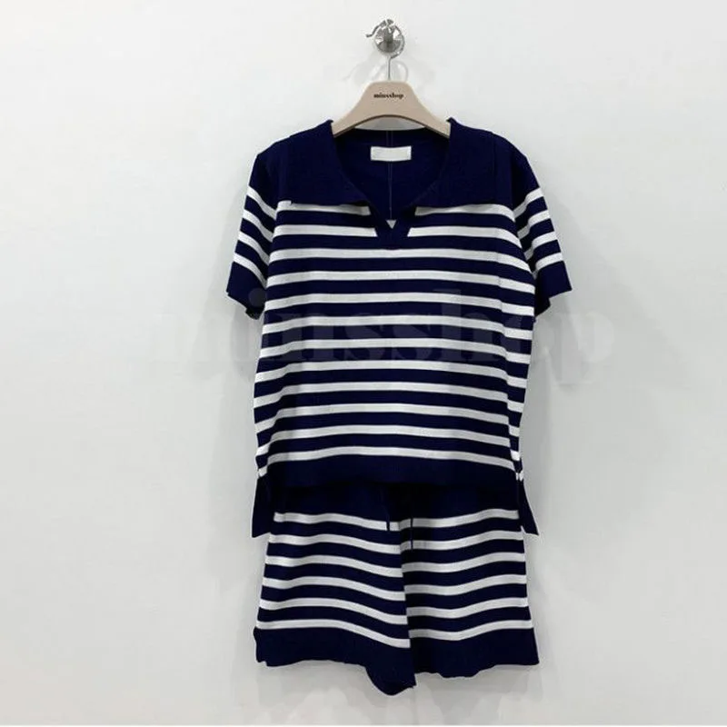 Summer Striped Knit Tshirts Two Piece Sets Women\'s Casual Loose V-neck Knitwear Jumper Tee Tops Suit Lace Up Shorts Conjunto