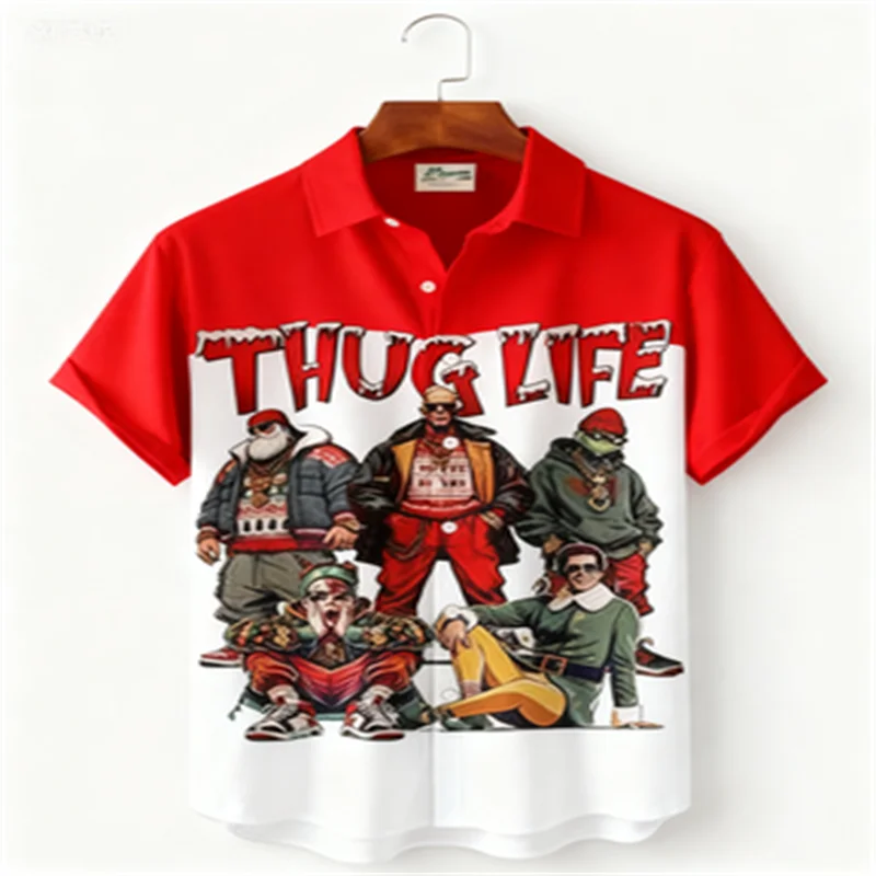 

2026 holiday Christmas thug lifestyle art print men's button pocket short sleeved shirt