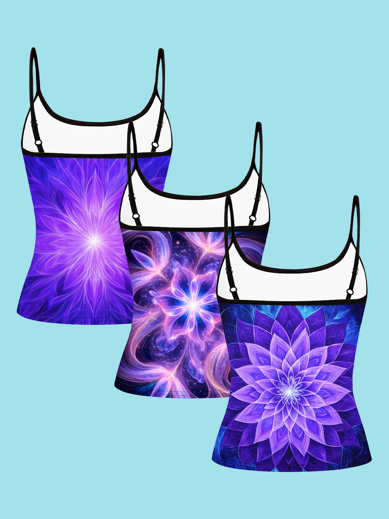 3-Piece Set of Dreamy Purple and Blue Mandala Print Camisole Tops for Women, Summer Slim-Fit Spaghetti Strap Tops, Stylish Inner Wear