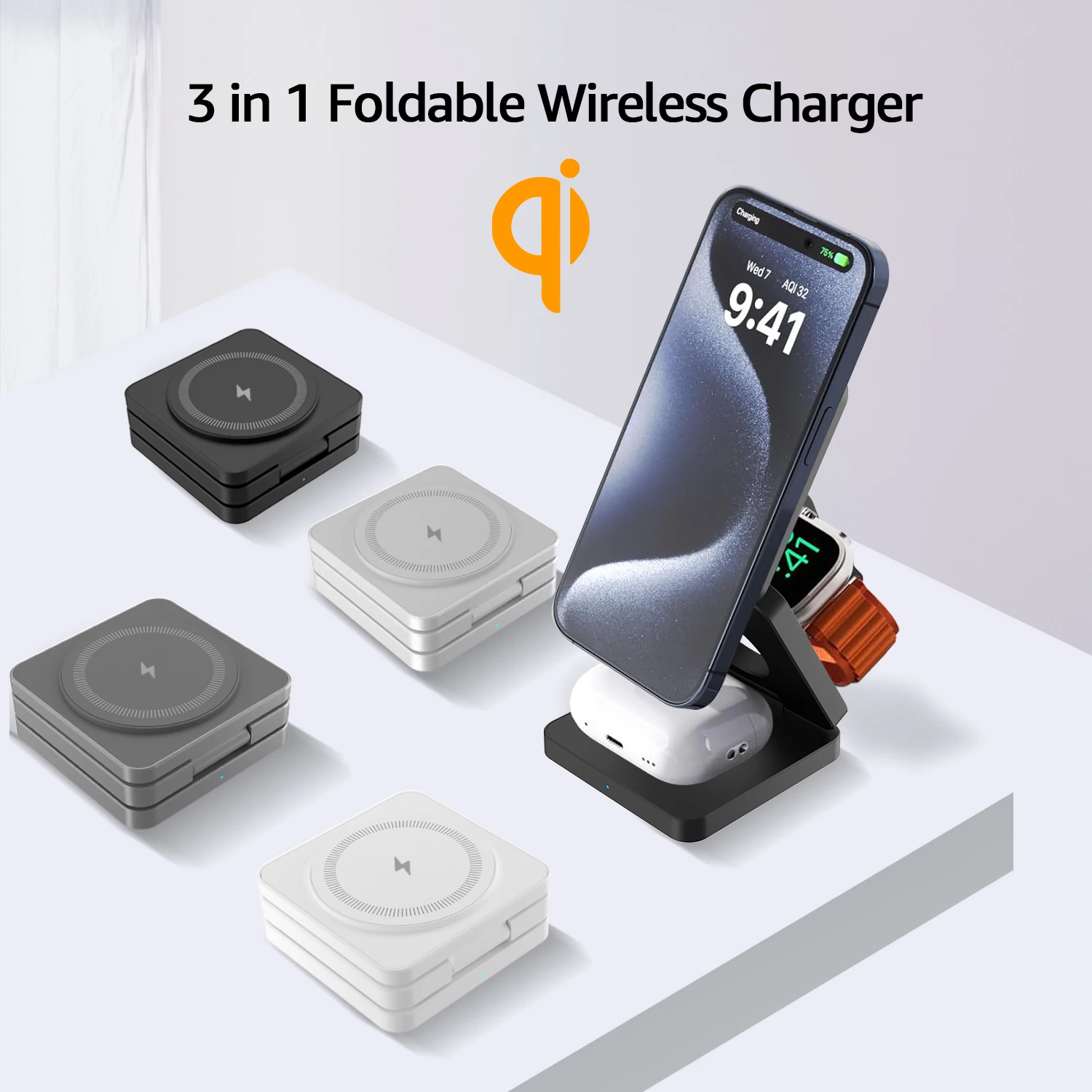 15W 3 in 1 Magnetic Foldable Wireless Charger Fast Aluminum Charging Stand for iPhone 12/13/14/15/16 Mini/Pro/Pro Max