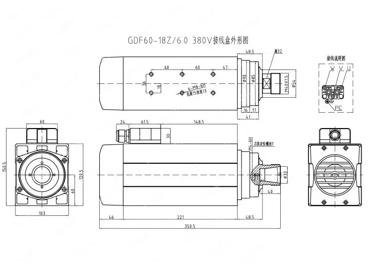 HQD 6kw 220v 380v air cooled spindle motor ER32 4pcs Bearings for cnc router machine GDF60-18Z/6.0
