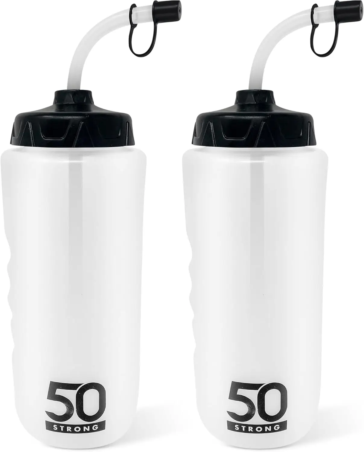 

50 Strong 1 Liter Water Bottle with Straw – 2-Pack Easy-Squeeze Sports Bottles with Long Straw & Built-In Finger Grip for