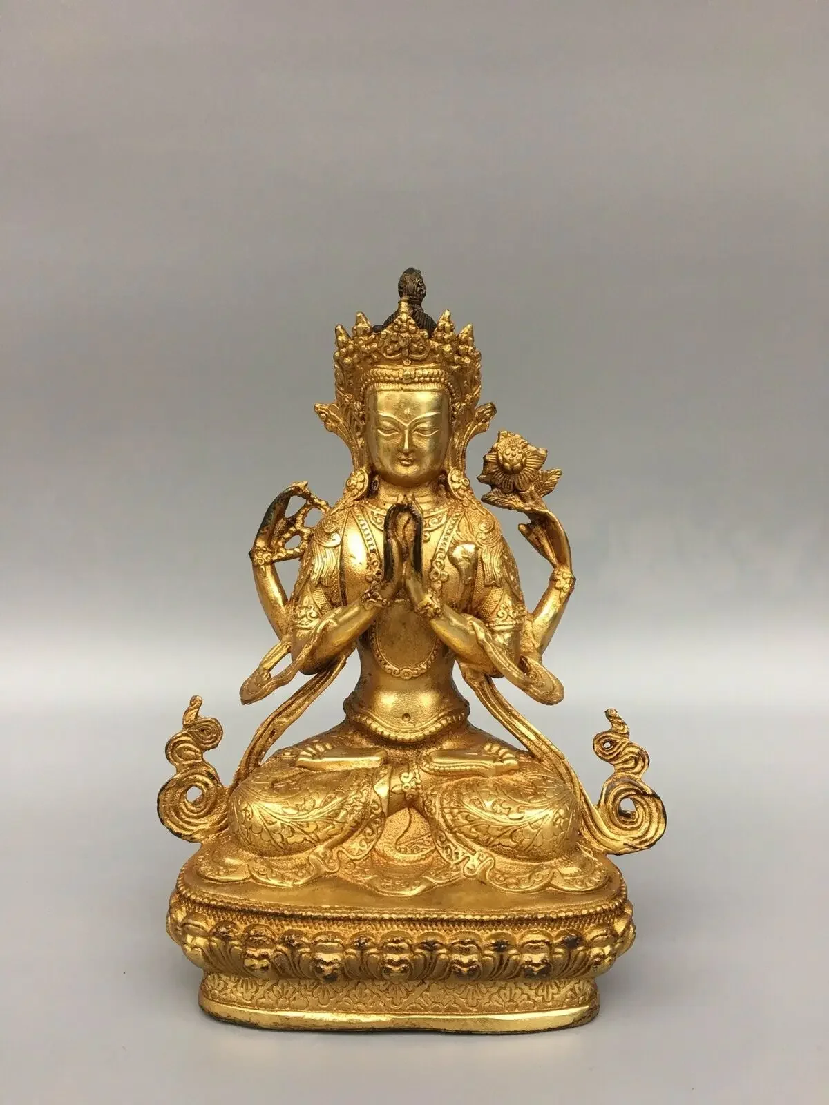 

8.8" Antique old temple Tibetan Buddhism dynasty bronze gilt white tara statue