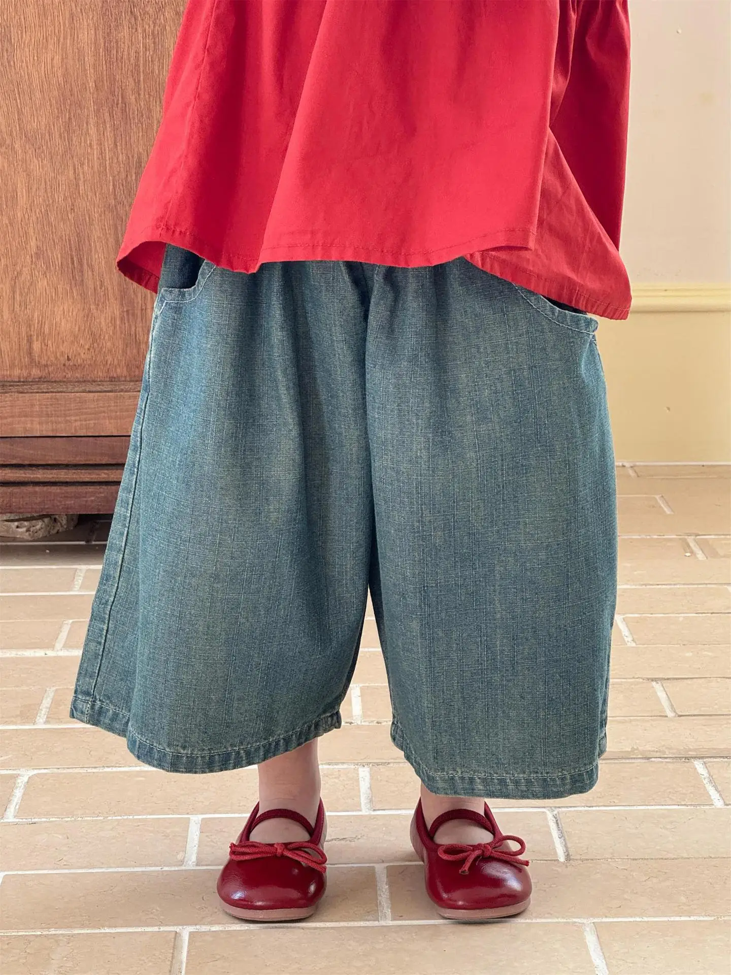 

Girls Pants Spring and Summer New Korean Version Denim Wide Leg Cropped Pants Casual Fashion Daily Stylish Versatile Wear