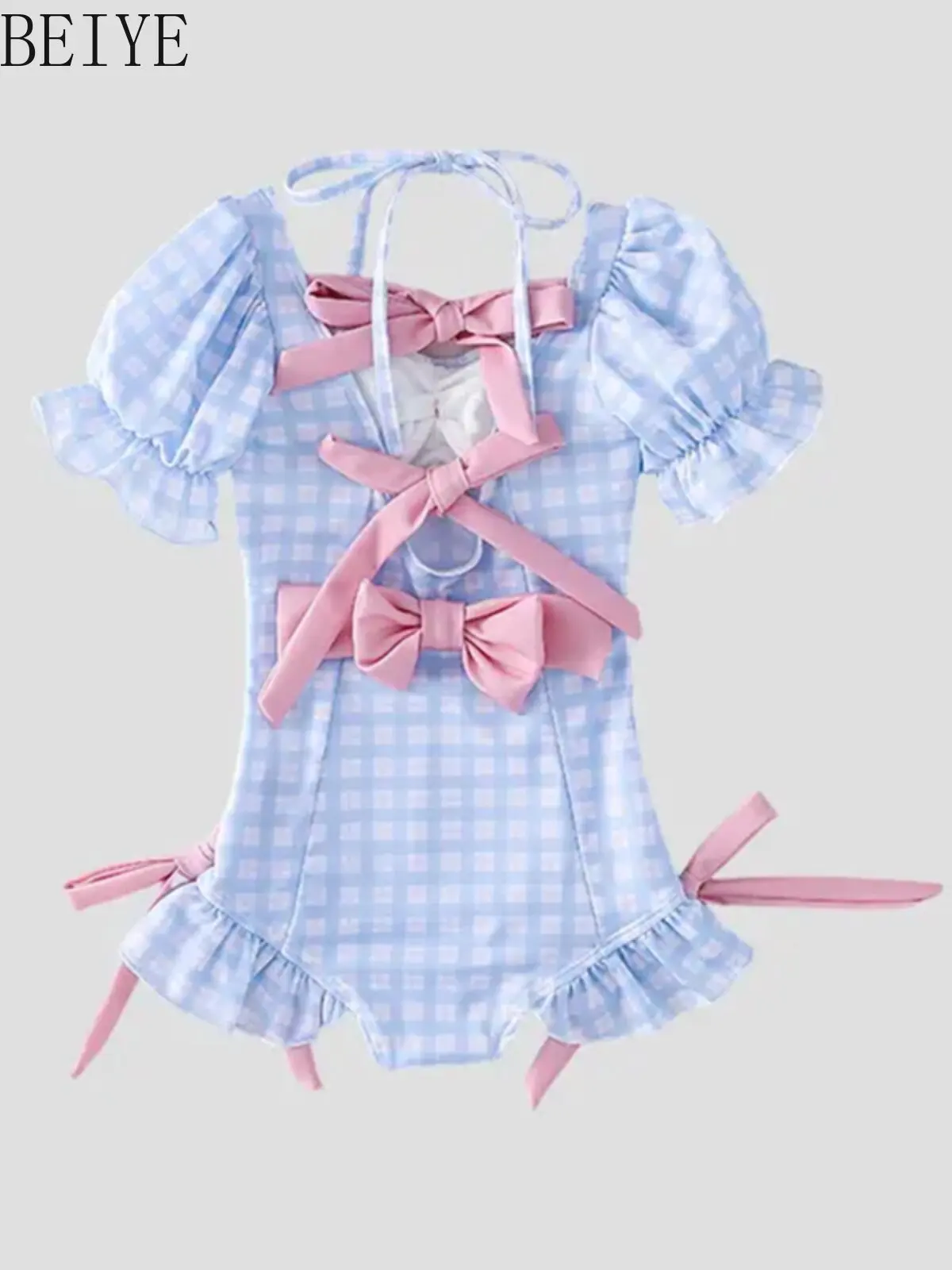 Plaid Bow Swimwear for Little Girls Girls' Short-sleeve One-piece Sun Protection Swimsuit Quick-dry,cute Kids Swimsuit