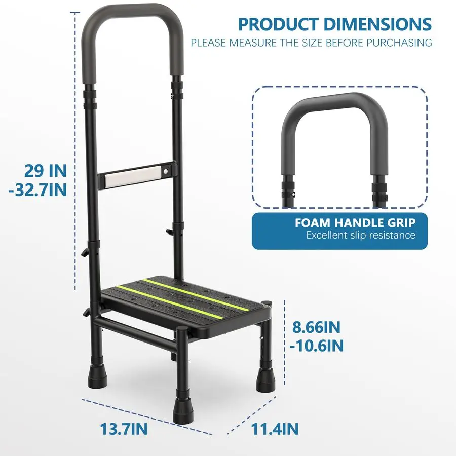 Step Stool with Handle for Elderly, Adjustable Handrail Leg, Sensor Light, Medical Stepping Stools for High Bed Mobility Daily