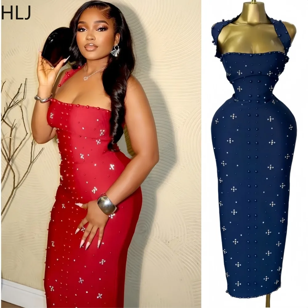 

HLJ Elegant Pearls Patchwork Bodycon Dresses Women Halter Backless Printing Skinny Dress Female Party Clubwear Vestidos 2025 New
