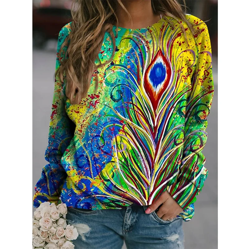 Autumn New 3D Peacocks Feather Printed Sweatshirts Women Cute Animal Peacocks Graphic Pullovers Winter Harajuku Clothes Pullover