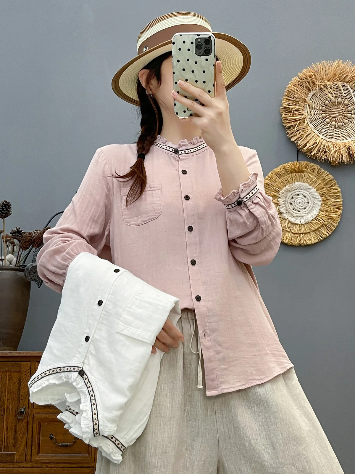 

Office Style for Women Autumn Winter Stand Collar Double Cotton Yarn White Pink Shirts and Blouses Ladies Clothes