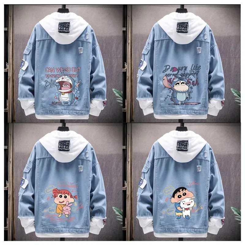 Anime Crayon Shin-Chan Series Pattern Printed Denim Hooded Jacket Boys Girls Fashion Casual Loose Coat Couple Clothing Gifts