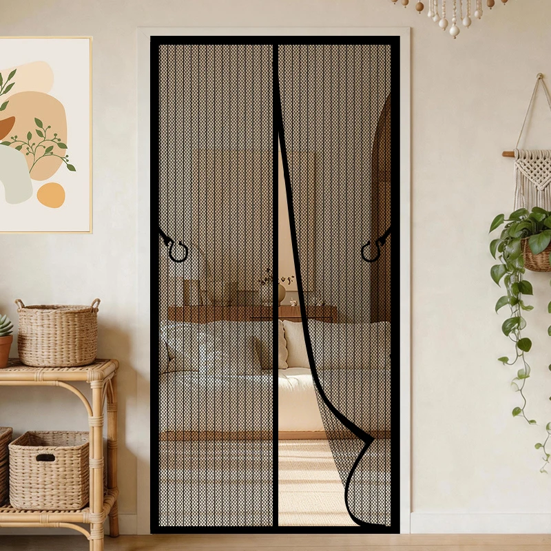Sommerlicher, übergroßer, schwarzer Moskitonetzvorhang im Haushaltsstil mit quadratischen Löchern, magnetischer Befestigung und hoher Dichte für Schlafzimmer