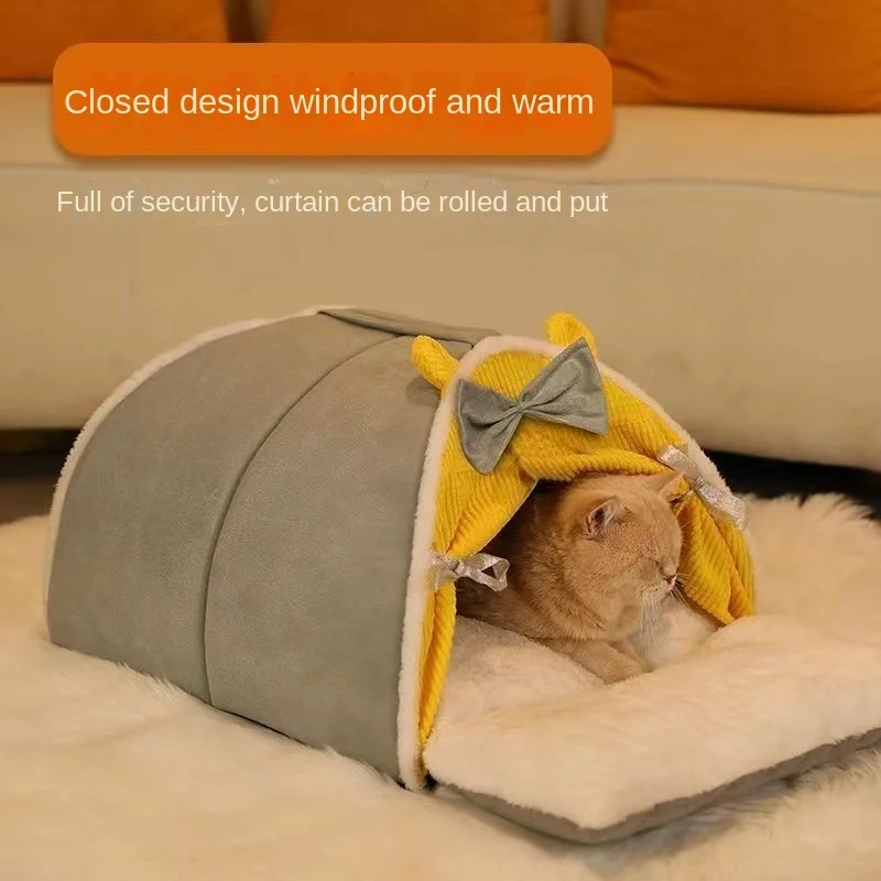 Semi-Enclosed Cute Cat Kennel Bed Winter Windproof Nest for Dogs Cats with Door Curtain Outdoor Portable Cat Tent Villa Sleep