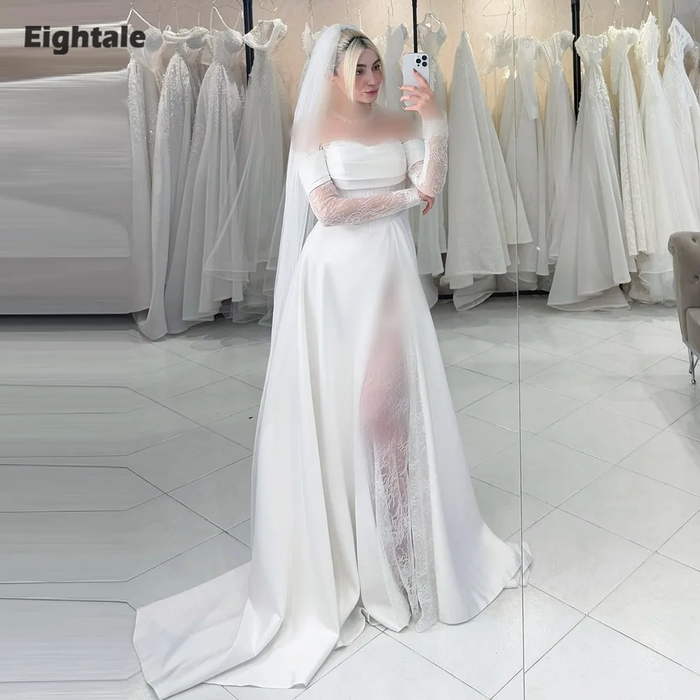 

Eightale Arabic Wedding Dress off the Shoulder Customized White Ivory Long Sleeves Muslim Bridal Gown A-Line Bride Party Dress