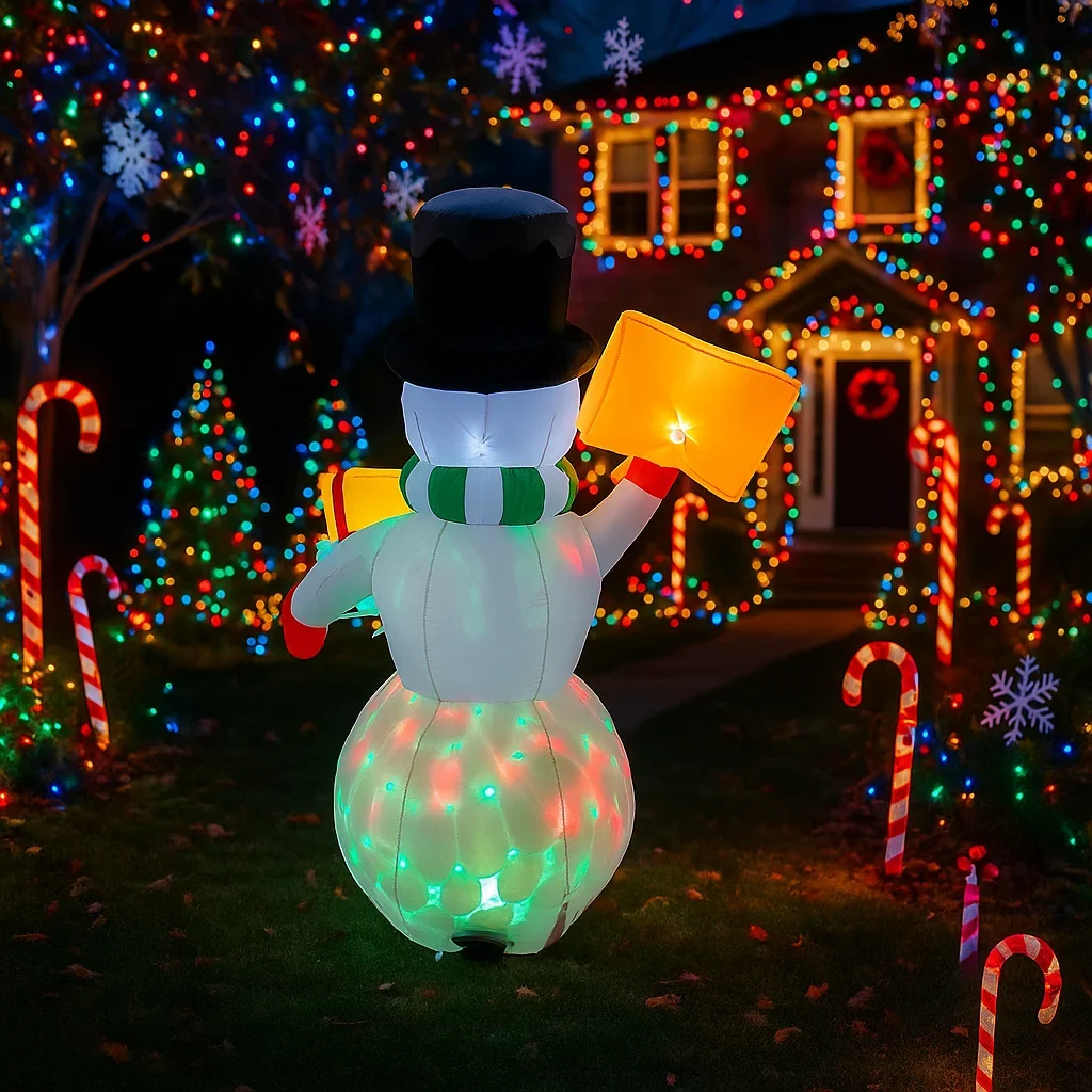 ตุ๊กตาหิมะเป่าลมขนาด 5 ฟุต สำหรับตกแต่งคริสต์มาส ถือของขวัญและของเล่น ประดับบ้านและสวน พร้อมไฟ LED ของตกแต่งคริสต์มาส พร้อมฐาน
