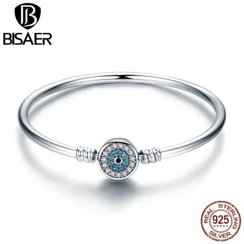 BISAER-pulseras de plata de ley 925 con diseño de ojo de demonio para mujer, brazaletes de ojos malvados azules, ajuste de circón, joyería fina de fiesta, 17-21CM