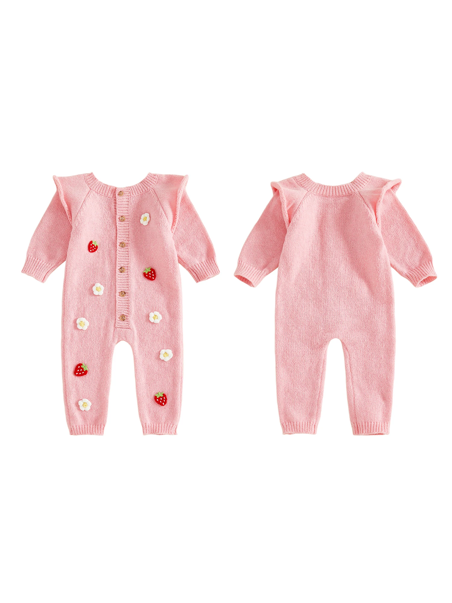 بدلة قفز محبوكة بأكمام طويلة ورقبة دائرية وأزرار سفلية مع ديكور زهرة الفراولة الكروشيه