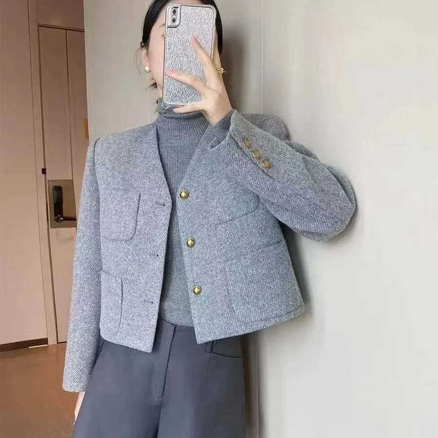 Abrigo de lana gris de alta calidad para mujer, chaqueta de invierno con bolsillo Retro y un solo pecho, Tops elegantes de manga larga para oficina para mujer