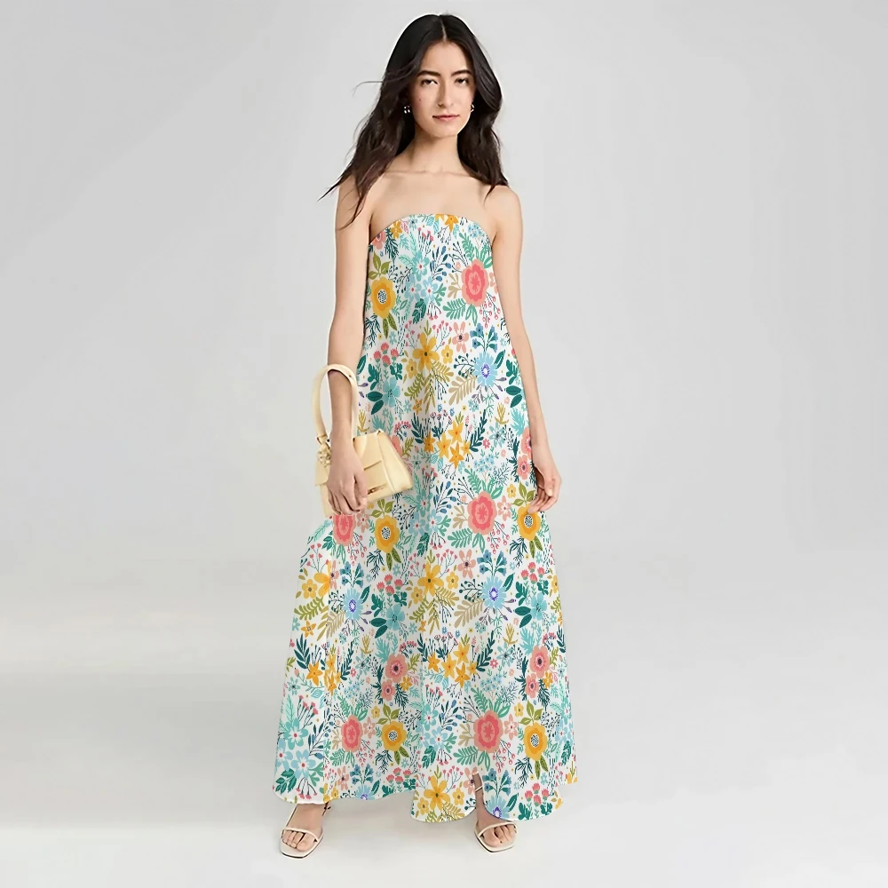 

Women Noble Flower Print Dresses Summer Sleeveless Tube Top Suspender Floral Skirt Long Skirt And The Length To Ankle Dress