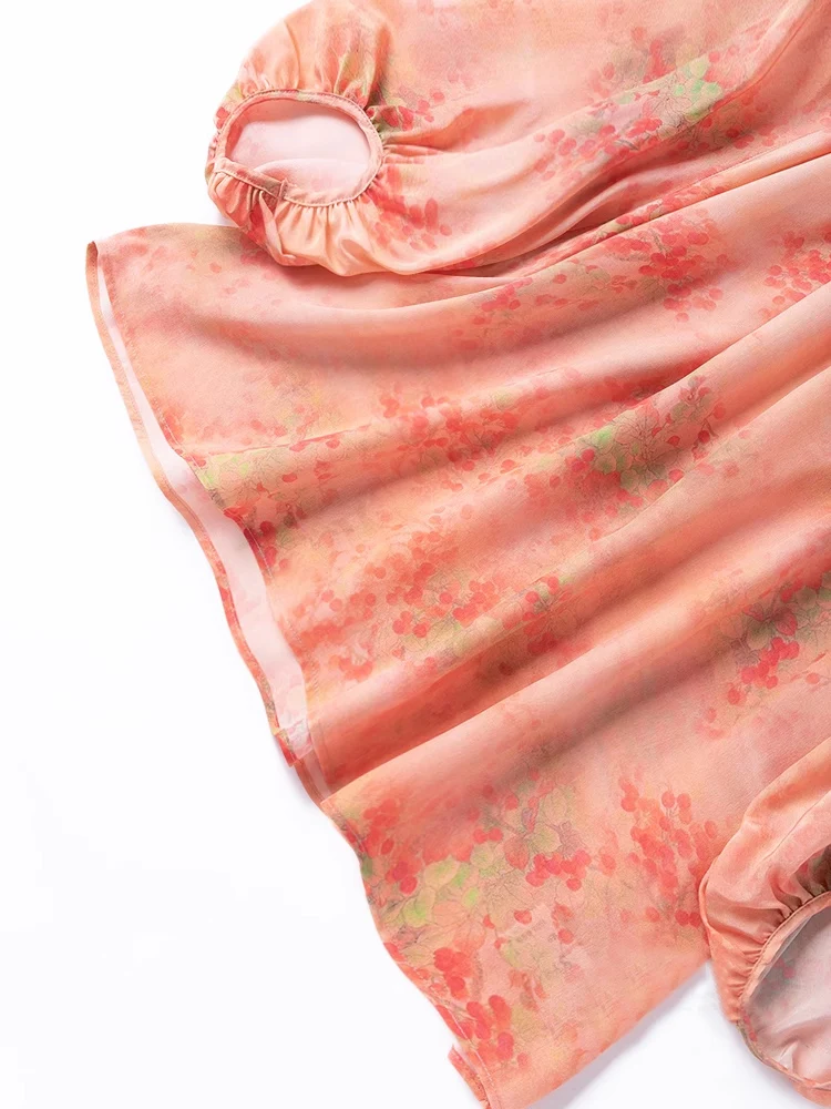 SuyaDream، بلوزات نسائية مزهرة، 100% حرير حقيقي، رقبة دائرية، أكمام فانوس، بلوزة صيف 2025، برتقالي #4