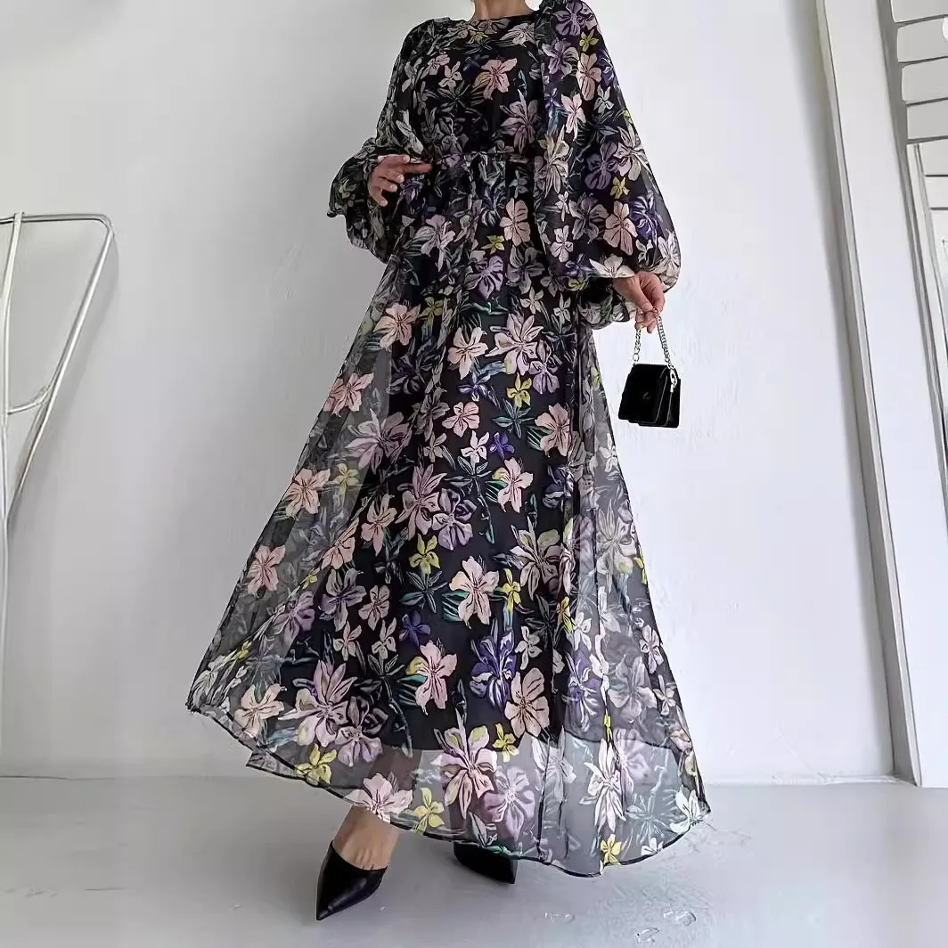 Elegancka dopasowana sukienka Abayas dla kobiet Letnia szyfonowa sukienka z długim rękawem z nadrukiem w kwiaty O- Szyja Dubaj Abayas Odzież damska