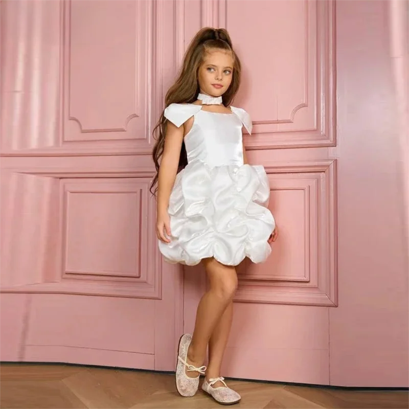 

Customized Lovely Ivory Flower Girl Dresses For Wedding Satin With Bow Mimi Little Girl First Communion Birthday Banquet Gown