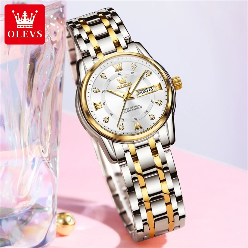 OLEVS Original Quartz Watch for Women Dual Calendar Diamond Luxury Fashion Stainless steel Waterproof Luminous Ladies Wristwatch