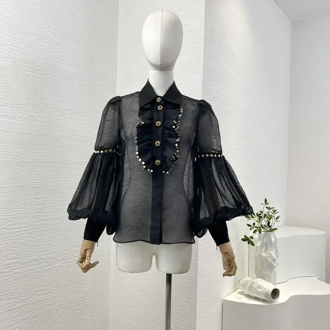 Linen Silk High Quality Vintage Full Lantern Sleeve Breastplate Ruffles Women All-matching Black Blouse Tops