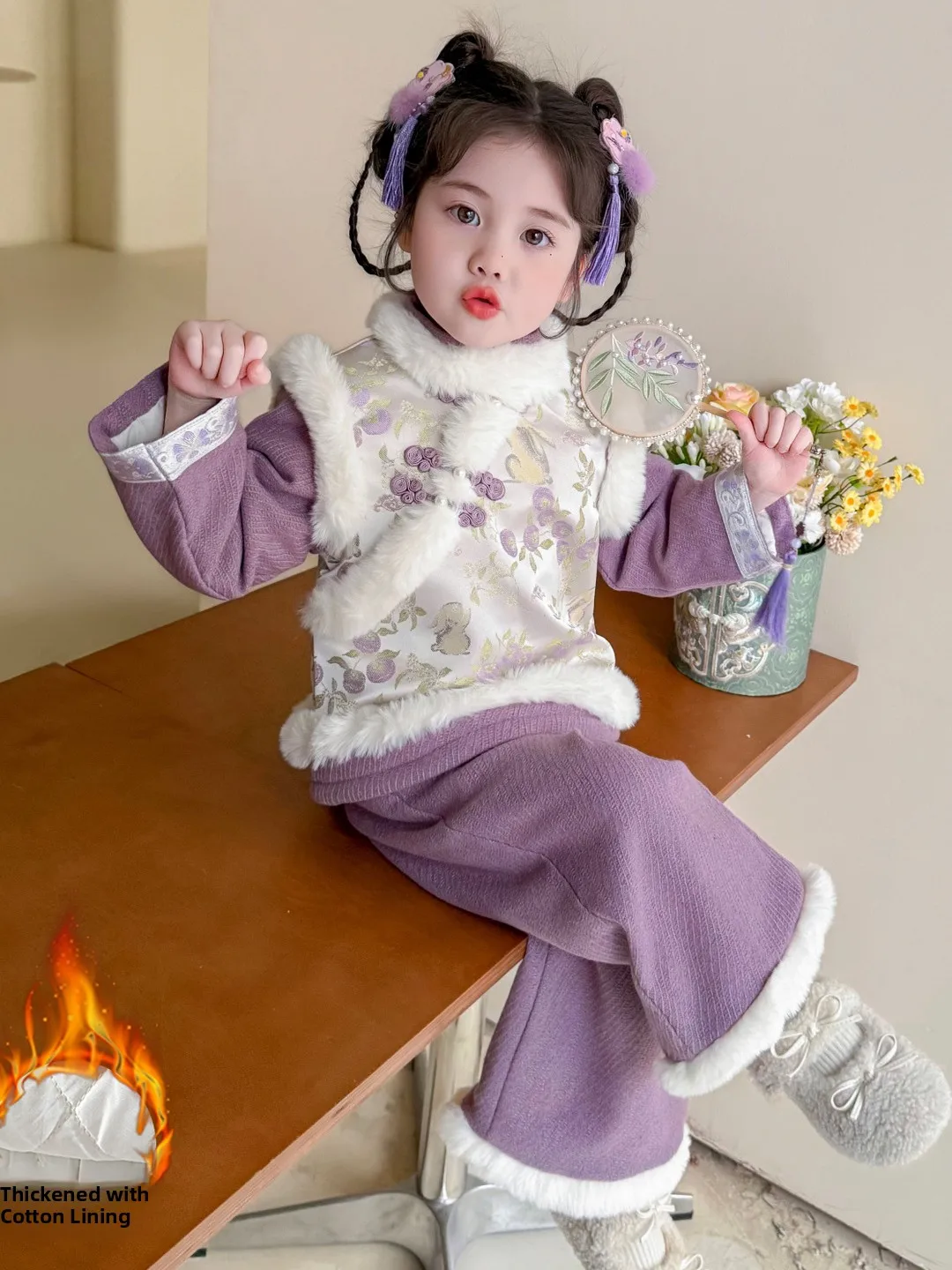 

Новогодний наряд для девочек, зимний комплект из двух предметов с хлопковой подкладкой, традиционный китайский костюм Sle Tang, детская мода