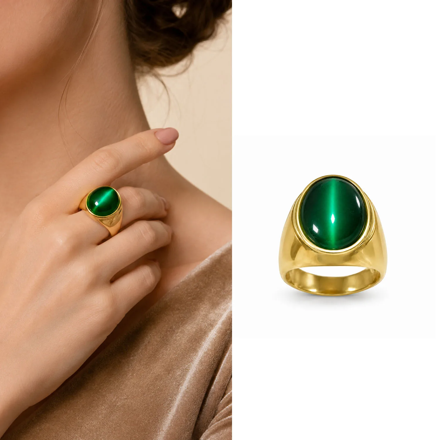 Anillo de sello para hombre de piedra natural ojo de tigre, chapado en oro, acero inoxidable, cabujón ovalado de piedra preciosa, anillo de ancho ancho, anillo llamativo, Vinta