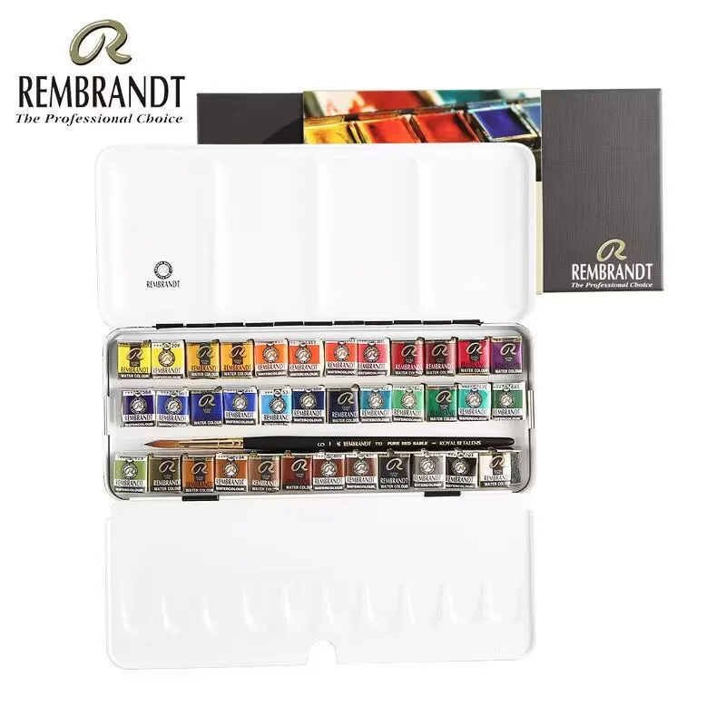 REMBRANDT Artist Transparent Watercolor Paint Set 48/36/24/12 Color Half Pans Portable Metal Box Paint Brush Drawing Supplies